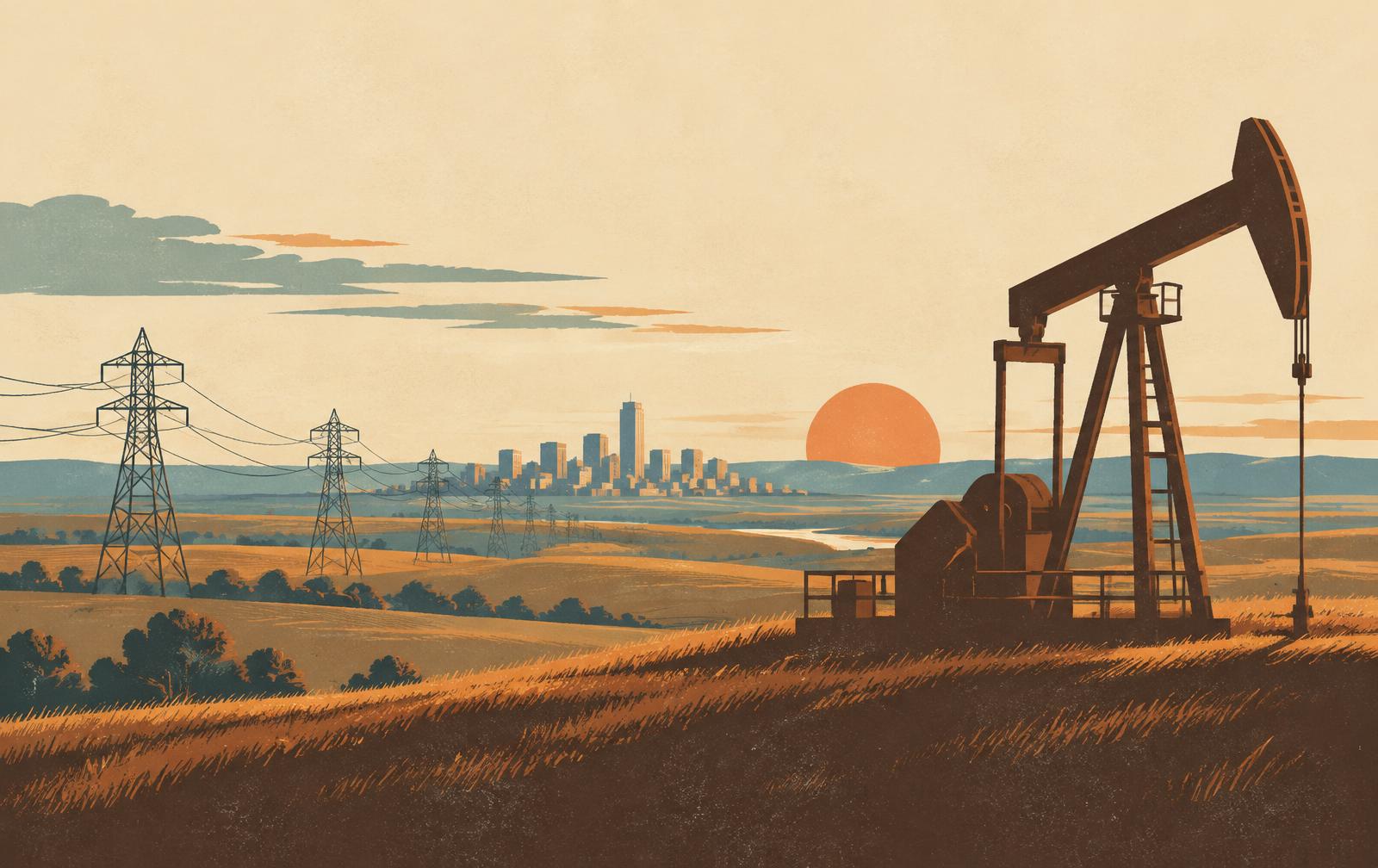 Poster illustration of a pumpjack on the plains with power lines leading to a city at sunset